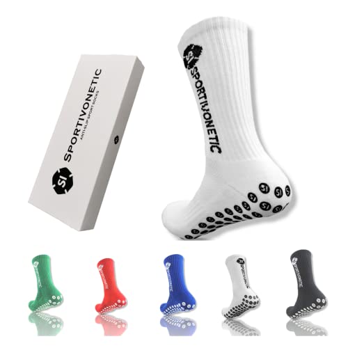 Sportivonetic® Premium Fußball Socken mit Grip und Anti-Rutsch Noppen für Herren & Damen Kinder - in Einheitsgröße 37-48- Fussball SI - atmungsaktiv (Weiß) von Sportivonetic