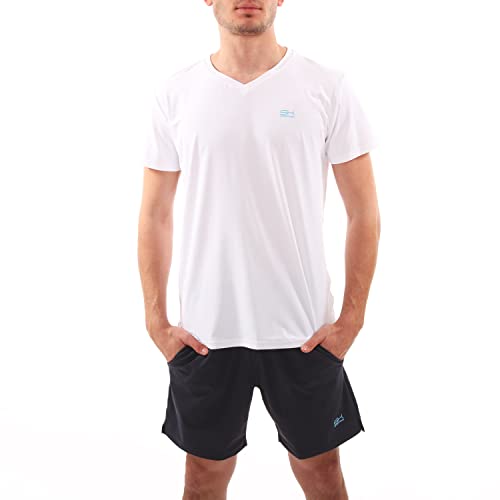 Sportkind Jungen & Herren Tennis, Running, Fitness T-Shirt V-Ausschnitt, atmungsaktiv, UV-Schutz UPF 50+, Kurzarm, weiß, Gr. L von Sportkind