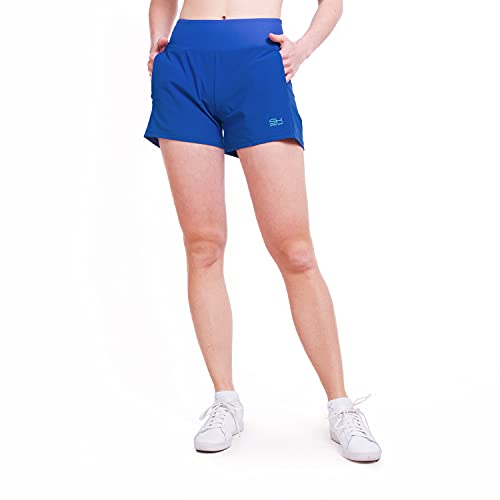 Sportkind Mädchen & Damen 2-in-1 Tennis Shorts mit Ballhalter, Innenhose & Taschen, atmungsaktiv, Kobaltblau, Gr. M von Sportkind