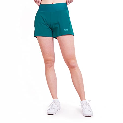 Sportkind Mädchen & Damen 2-in-1 Tennis Shorts mit Ballhalter, Innenhose & Taschen, atmungsaktiv, Petrol grün, Gr. 146 von Sportkind