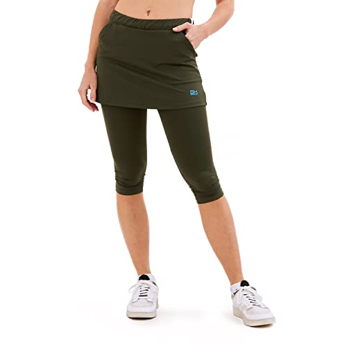 Sportkind Mädchen & Damen 2-in-1 Tennisrock mit Taschen & 3/4 Capri Leggings, Laufrock, Yogahose mit Rock, Sport Skapri, Khaki, Gr. S von Sportkind