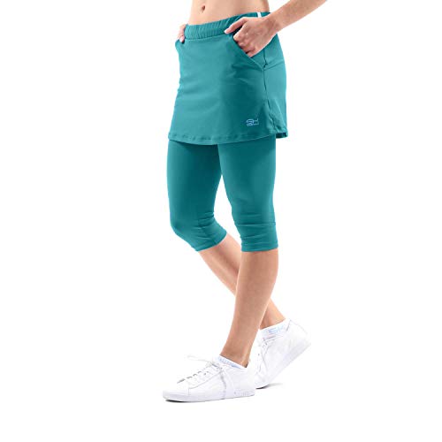 Sportkind Mädchen & Damen 2-in-1 Tennisrock mit Taschen & 3/4 Capri Leggings, Laufrock, Yogahose mit Rock, Sport Skapri, Petrol grün, Gr. 152 von Sportkind