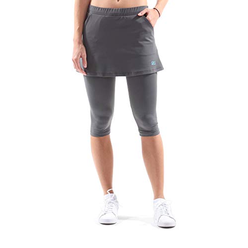 Sportkind Mädchen & Damen 2-in-1 Tennisrock mit Taschen & 3/4 Capri Leggings, Laufrock, Yogahose mit Rock, Sport Skapri, grau, Gr. L von Sportkind