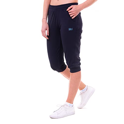 Sportkind Mädchen & Damen 3/4 Jogginghose mit Bündchen & Taschen, atmungsaktive Sport Caprihose ideal für Yoga, Tennis, Fitness, Navy blau, Gr. 164 von Sportkind