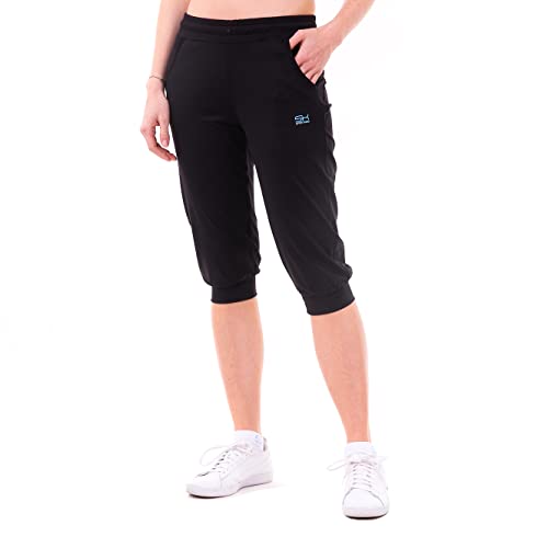 Sportkind Mädchen & Damen 3/4 Jogginghose mit Bündchen & Taschen, atmungsaktive Sport Caprihose ideal für Yoga, Tennis, Fitness, schwarz, Gr. 134 von Sportkind