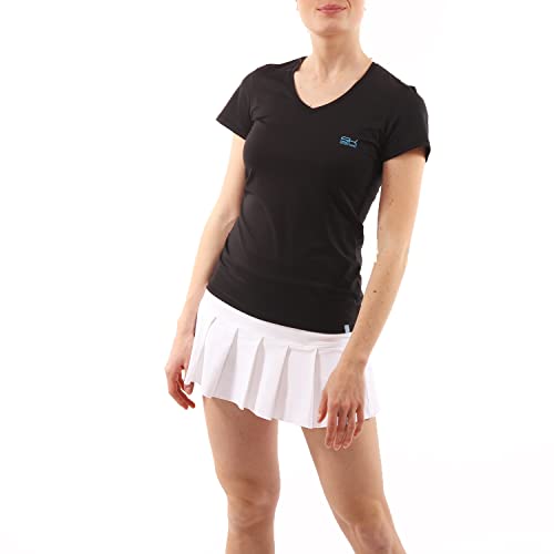 Sportkind Mädchen & Damen Tennis, Fitness, Sport T-Shirt, Kurzarm, V-Ausschnitt, UV-Schutz UPF 50+, atmungsaktiv, schwarz, Gr. L von Sportkind