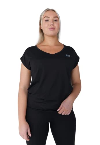 Sportkind Mädchen & Damen Tennis, Fitness, Sport T-Shirt Loose Fit, V-Ausschnitt, atmungsaktiv, UV-Schutz UPF 50+, Kurzarm, schwarz, Gr. XL von Sportkind