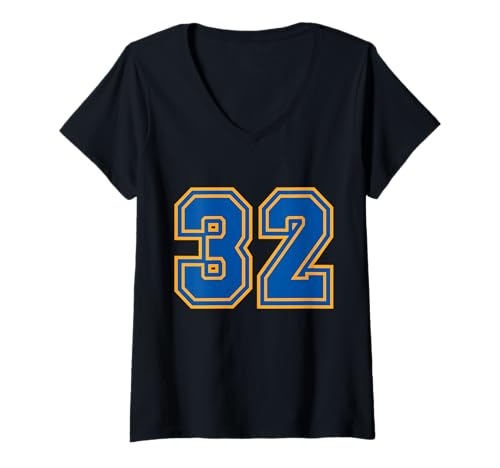 Damen Gelbe Blaue Uni -Sportmannschaftsnummer #32 T-Shirt mit V-Ausschnitt von Sportlegende