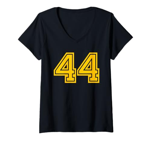 Damen Gelbe Sportteam Nummer 44 T-Shirt mit V-Ausschnitt von Sportlegende