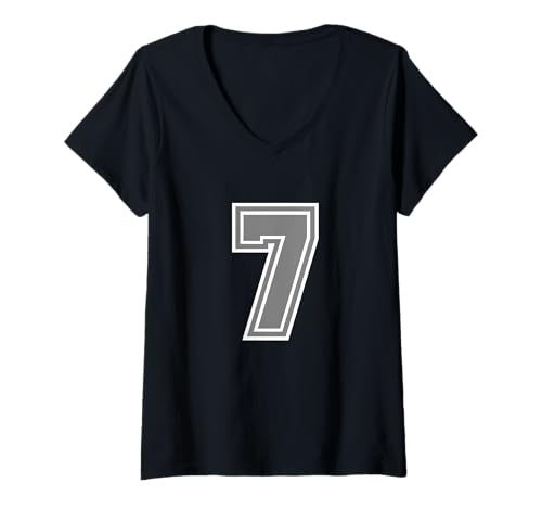 Damen Nummer 7 Gray Sports Team Varsity -Nummer T-Shirt mit V-Ausschnitt von Sportlegende