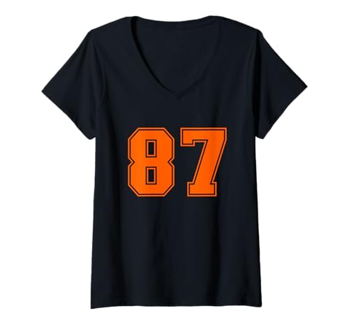Damen Orange Sports Team Nummer #87 T-Shirt mit V-Ausschnitt von Sportlegende