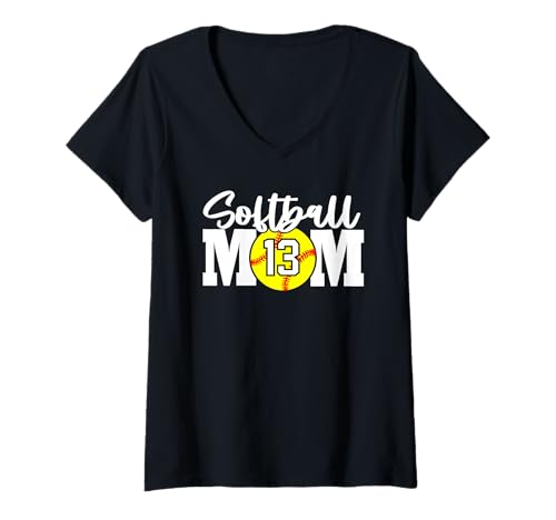 Damen Softball -Mutter Nummer 13 T-Shirt mit V-Ausschnitt von Sportlegende