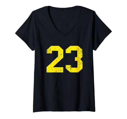 Damen Vintage Yellow Sports Team Nummer #23 T-Shirt mit V-Ausschnitt von Sportlegende