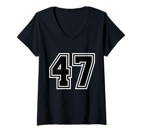 Damen Weiße Schwarze Sportmannschaft Nummer 47 T-Shirt mit V-Ausschnitt von Sportlegende