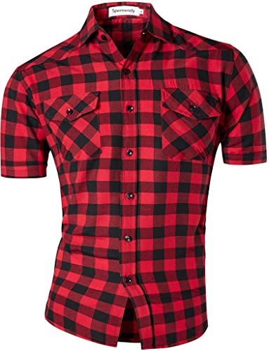 Sportrendy Herren Freizeit Hemden Slim Button Down Short Sleeves Plaid Shirts S011 RedBlack XXL von Sportrendy
