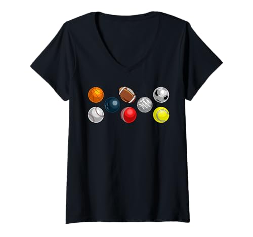 Damen Cartoon-Sportbälle T-Shirt mit V-Ausschnitt Damen Cartoon-Sportbälle T-Shirt mit V-Ausschnitt von Sports Balls Cartoon Design