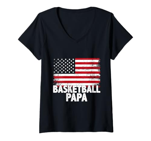 Damen Patriotische amerikanische Flagge Basketball Papa T-Shirt mit V-Ausschnitt von Sports Dad Apparel