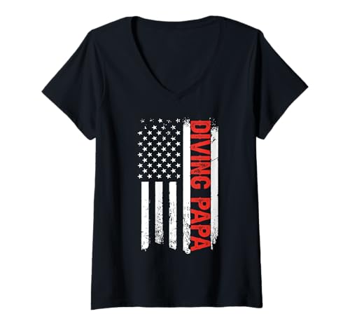 Damen Diving Papa Amerikanische Flagge Grafik T-Shirt mit V-Ausschnitt Damen Diving Papa Amerikanische Flagge Grafik T-Shirt mit V-Ausschnitt von Sports Dad Gear