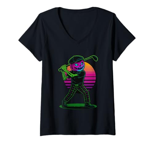Damen Halloween Skelett Golfen T-Shirt mit V-Ausschnitt von Sports Halloween Apparel Co