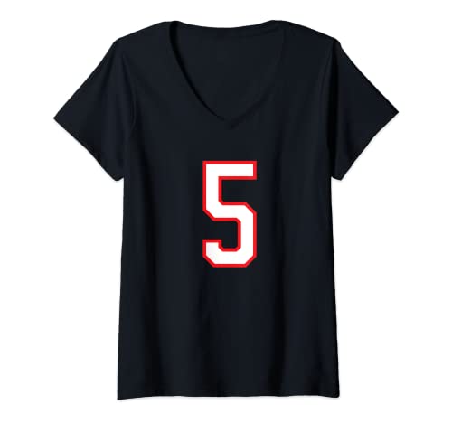 Damen Zahl #5 Five Sport Trikot weiß rot Geburtstag Zahl T-Shirt mit V-Ausschnitt von Sports Legendz