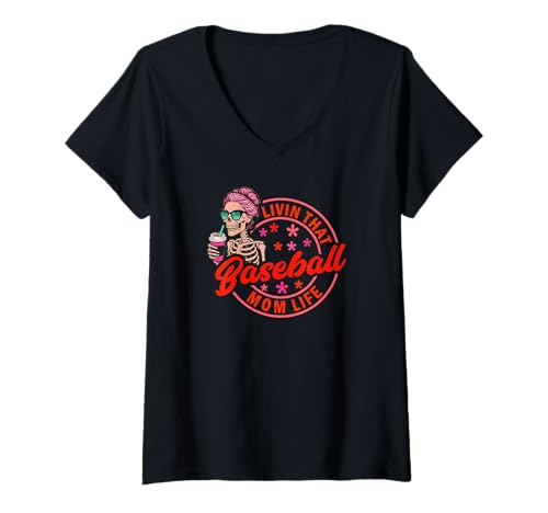 Damen Baseball Mom Life Cool Skelett mit Sonnenbrille Design T-Shirt mit V-Ausschnitt Damen Baseball Mom Life Cool Skelett mit Sonnenbrille Design T-Shirt mit V-Ausschnitt von Sports Mom Skeleton Baseball Family Design