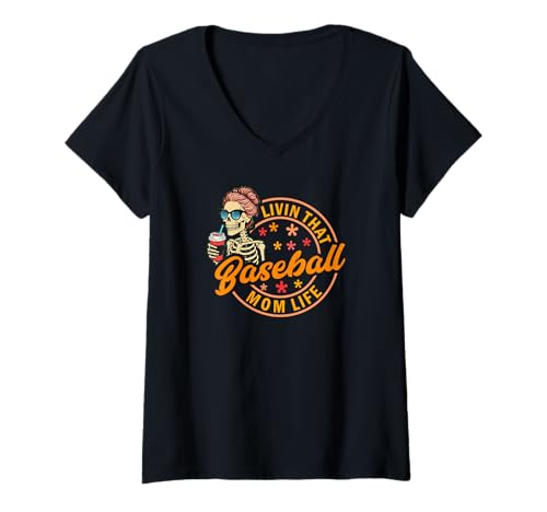 Damen Baseball Mom Life Lustige Skelett-Kaffeetasse Design T-Shirt mit V-Ausschnitt Damen Baseball Mom Life Lustige Skelett-Kaffeetasse Design T-Shirt mit V-Ausschnitt von Sports Mom Skeleton Baseball Family Design