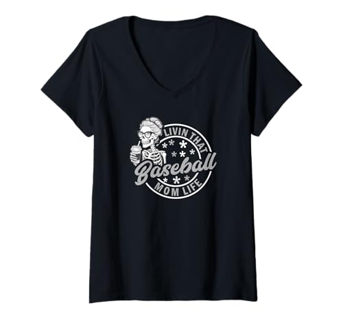 Damen Baseball Mom Life Retro Skelett mit Drink Grafik T-Shirt mit V-Ausschnitt Damen Baseball Mom Life Retro Skelett mit Drink Grafik T-Shirt mit V-Ausschnitt von Sports Mom Skeleton Baseball Family Design