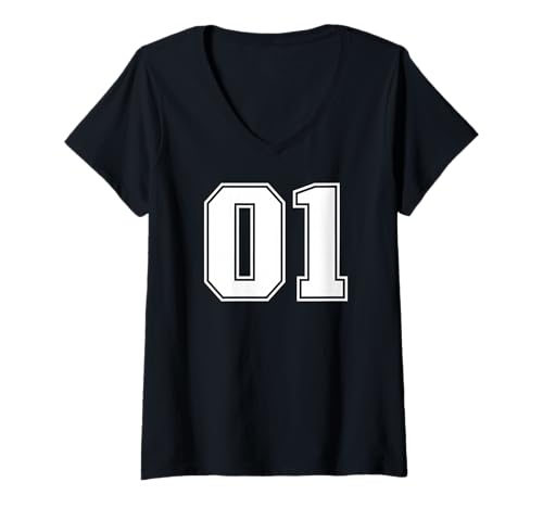 Damen 01 Nummer eins Team Sport Grafikdesign Varsity Matching T-Shirt mit V-Ausschnitt von Sports Numbers Matching Birthday Gifts