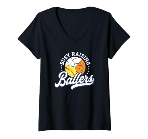 Damen Busy Raising Ballers Volleyball Basketball Softball Mama T-Shirt mit V-Ausschnitt Damen Busy Raising Ballers Volleyball Basketball Softball Mama T-Shirt mit V-Ausschnitt von Sports Parent Busy Raising Ballers Mom of Girls