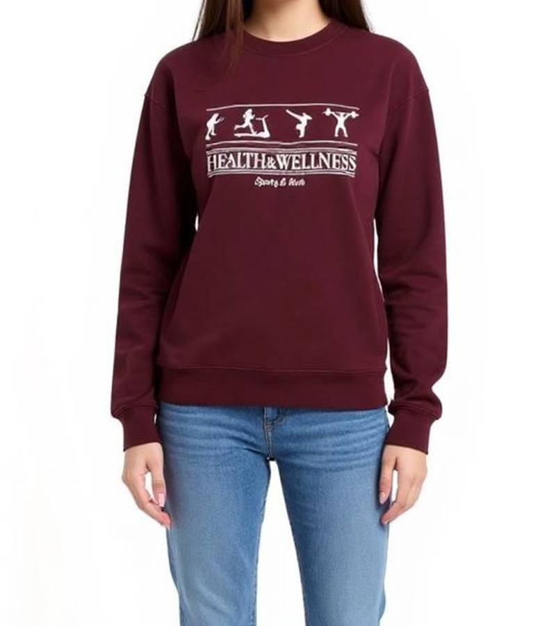 Sporty & Rich Damen Rundhals-Sweatshirt mit Health Wellness-Print Baumwoll-Pullover Merlot/Weiß von Sporty & Rich