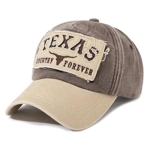 Sporty Vintage Baseballcap im Western-Stil, Texas Cowboy Rodeo Design, Used-Look (DE/NL/SE/PL, Alphanumerisch, Einheitsgröße, Braun/Beige) von Sporty