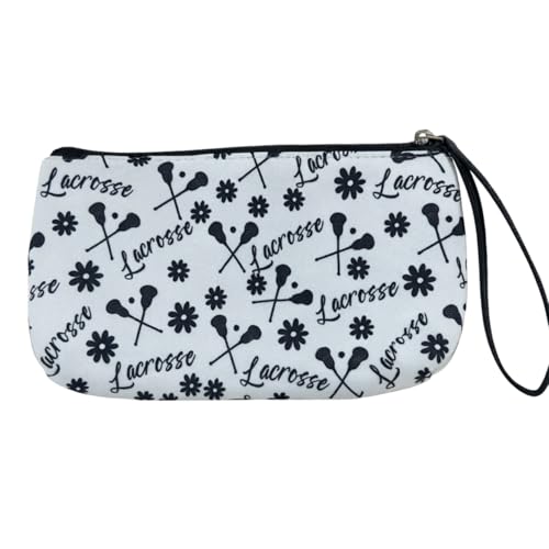 Lacrosse Handgelenk-Accessoire für Mädchen – Mini-Tasche mit Reißverschluss und Riemen – niedliches schwarzes gekreuztes Stäbchen und Blumen-Design – Spieler-Make-up-Tasche oder Teamgeschenk von Sportybella