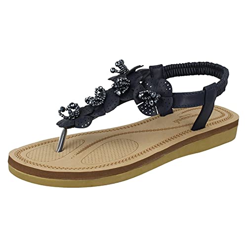 Savannah Damen-Sandalen mit Perlen und Blumenbesatz, Blau - marineblau - Größe: 38 EU von Spot on