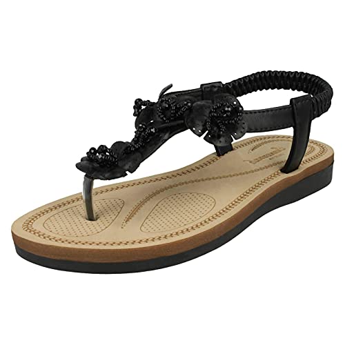 Savannah Damen-Sandalen mit Perlen und Blumenbesatz, Schwarz - Schwarz - Größe: 38 EU von Spot on