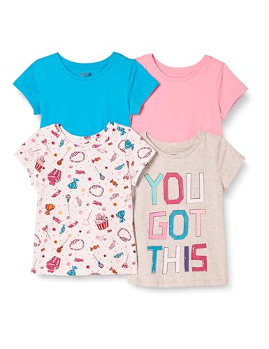 Amazon Essentials Mädchen Kurzärmlige T-Shirt-Oberteile (zuvor Spotted Zebra), 4er-Pack, Blau/Grau/Rosa/Bonbon, 5 Jahre von Amazon Essentials