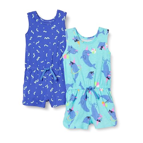 Amazon Essentials Mädchen Ärmelloser Strampler aus Strick (zuvor Spotted Zebra), 2er-Pack, Blau/Delfin, 6-7 Jahre von Amazon Essentials