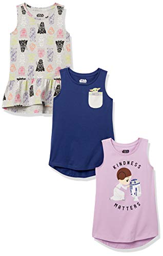 Amazon Essentials Disney | Star Wars | Frozen Mädchen Ärmellose Tunika-T-Shirts, 3er-Pack, Purpur/Marineblau/Grau, Star Wars, 4 Jahre von Amazon Essentials