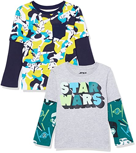 Amazon Essentials Disney | Marvel | Star Wars Jungen Langärmelige 2-In-1-T-Shirts (Früher Spotted Zebra), 2er-Pack, Star Wars Logo/Tarnmuster, 8 Jahre von Amazon Essentials