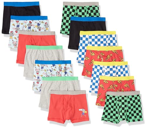 Amazon Essentials Jungen Boxershorts, Unterwäsche aus Baumwolle (Früher Spotted Zebra), 14er-Pack, Mehrfarbig/Haifische/Kariert/Pizza, 5 Jahre von Amazon Essentials