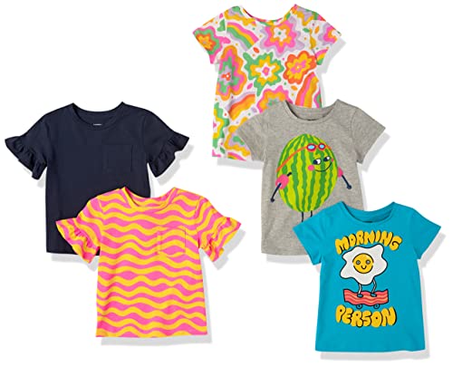 Amazon Essentials Mädchen Kurzärmlige T-Shirt-Oberteile (zuvor Spotted Zebra), 5er-Pack, Blau/Grau Wassermelonenaufdruck/Marineblau/Rosa Wellen/Weiß Abstraktes Blumenmuster, 4 Jahre von Amazon Essentials