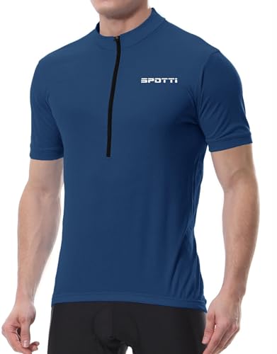 Spotti Herren-Radtrikot, kurzärmelig, mit 3 Gesäßtaschen, Feuchtigkeitstransport, atmungsaktiv, schnell trocknend, Marineblau von Spotti