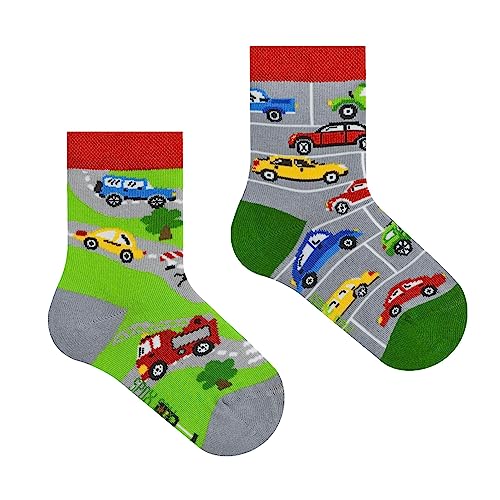 Spox Sox Casual Unisex für Kinder - lustige, mehrfarbige, bunte, verrückte, unterschiedliche gemusterte Socken für Individualisten, Gr. 23-26, Autos von Spox Sox