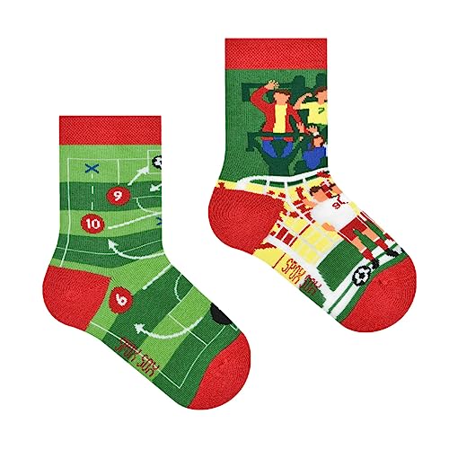 Spox Sox Casual Unisex für Kinder - lustige, mehrfarbige, bunte, verrückte, unterschiedliche gemusterte Socken für Individualisten, Gr. 23-26, Fußball von Spox Sox