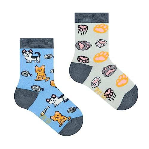 Spox Sox Casual Unisex für Kinder - lustige, mehrfarbige, bunte, verrückte, unterschiedliche gemusterte Socken für Individualisten, Gr. 23-26, Katzen von Spox Sox