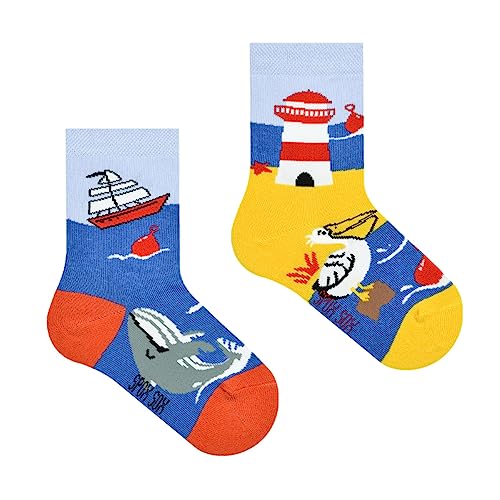 Spox Sox Casual Unisex für Kinder - lustige, mehrfarbige, bunte, verrückte, unterschiedliche gemusterte Socken für Individualisten, Gr. 27-30, Meer und Seeufer von Spox Sox