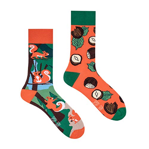 Spox Sox Casual Unisex für Damen und Herren – lustige, mehrfarbige, bunte, verrückte, unterschiedliche, gemusterte Socken für Individualisten, Gr. 40-43, Eichhörnchen und Haselnüsse von Spox Sox