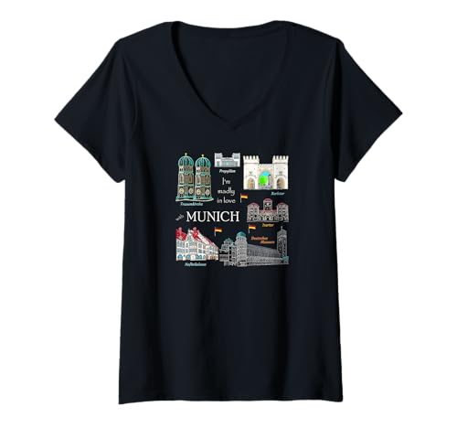 Damen München, Frauenkirche und andere handgezeichnete Bauwerke T-Shirt mit V-Ausschnitt von Sprachshirts