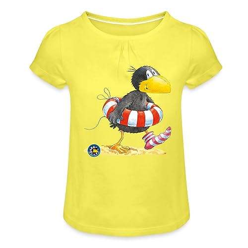 Spreadshirt Der kleine Rabe Socke mit Schwimmreifen Mädchen T-Shirt mit Raffungen, 4 Jahre, Gelb von Spreadshirt