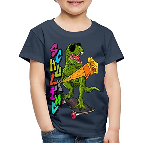 Spreadshirt Skater Dino mit Seiner Schultüte Kinder Premium T-Shirt, 134/140 (8 Jahre), Navy von Spreadshirt