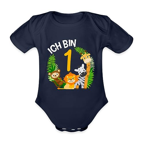 Spreadshirt 1. Geburtstag Dschungel Tiere Baby Bio-Kurzarm-Body, 74 (6-9 M.), Dunkelnavy von Spreadshirt